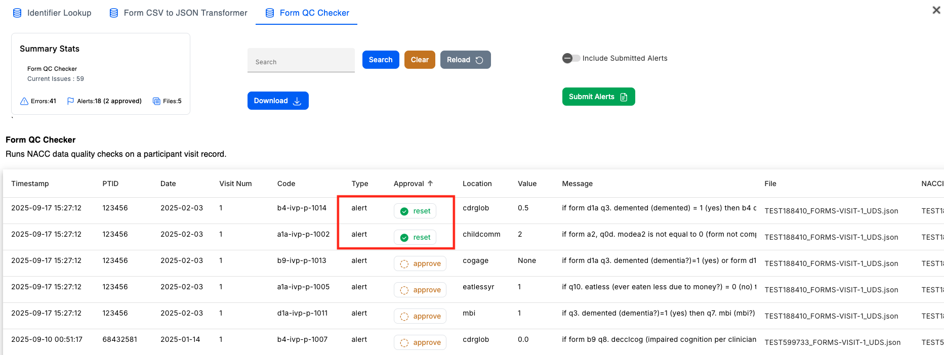 Alt text: Image of the Issue Manager with the the &quot;reset&quot; buttons highlighted