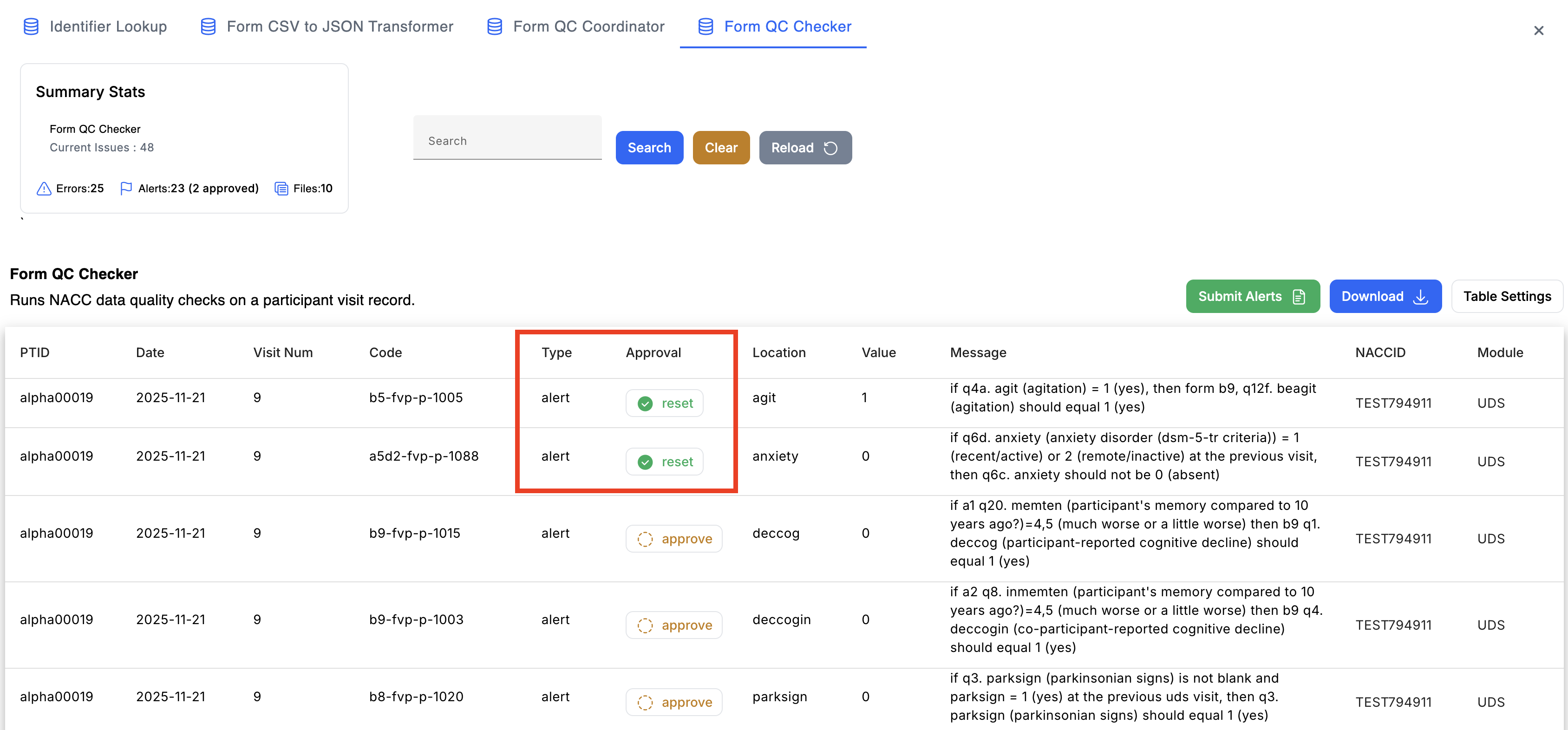 Alt text: Image of the Issue Manager with the the "reset" buttons highlighted