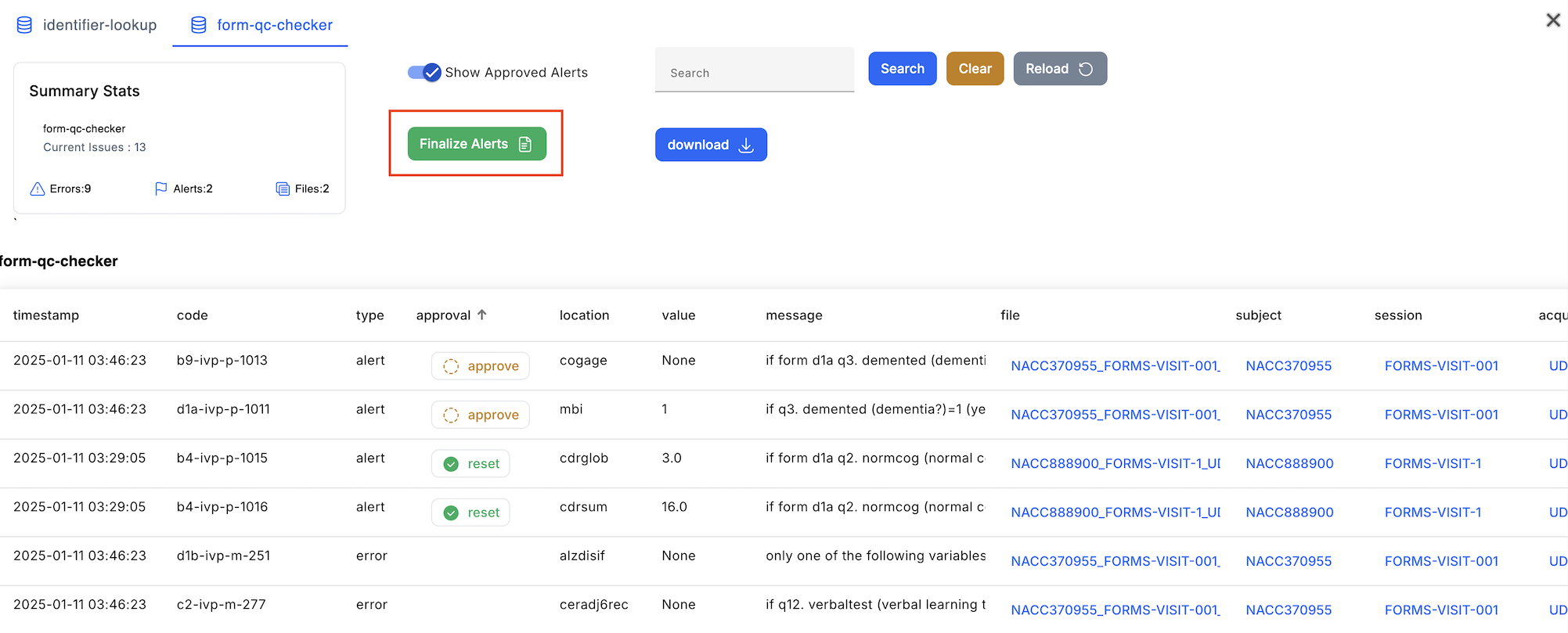 Alt text: Image of the Issue Manager with the &quot;Finalize Alerts&quot; button highlighted