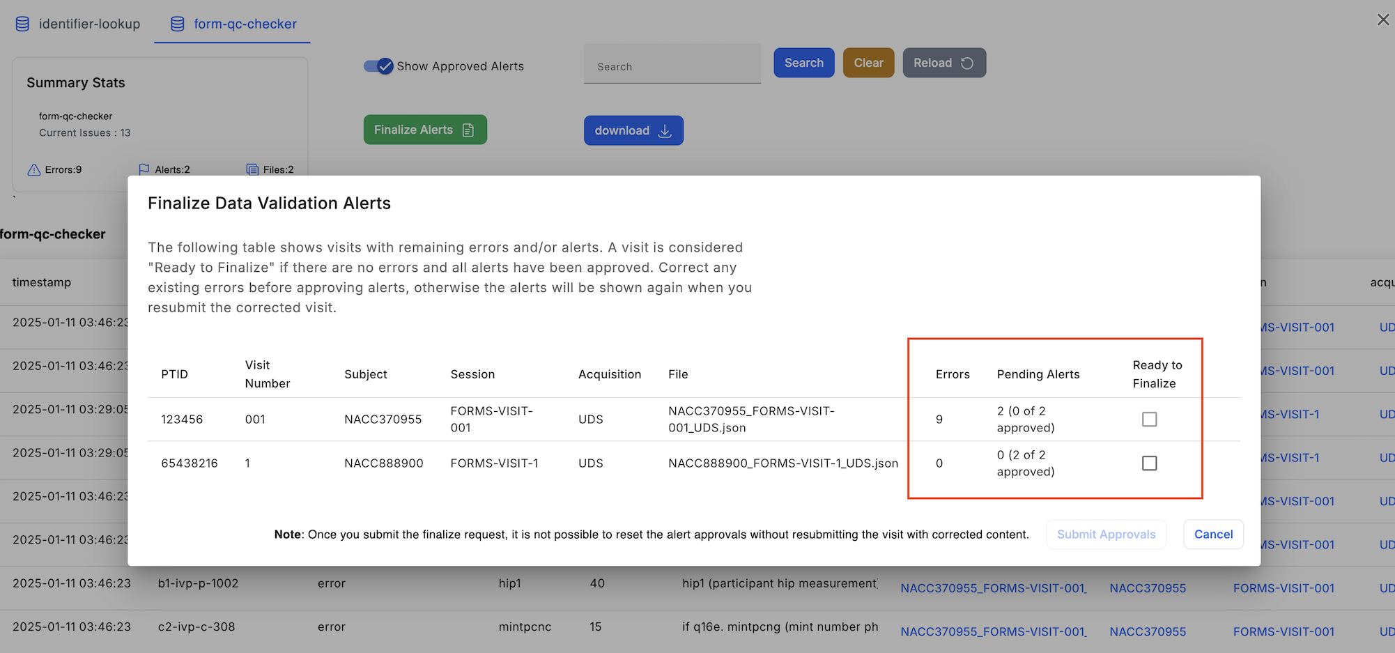 Alt text: Image of the &quot;Finalize Data Validation Alerts&quot; dialog with the remaining errors and alerts columns highlighted