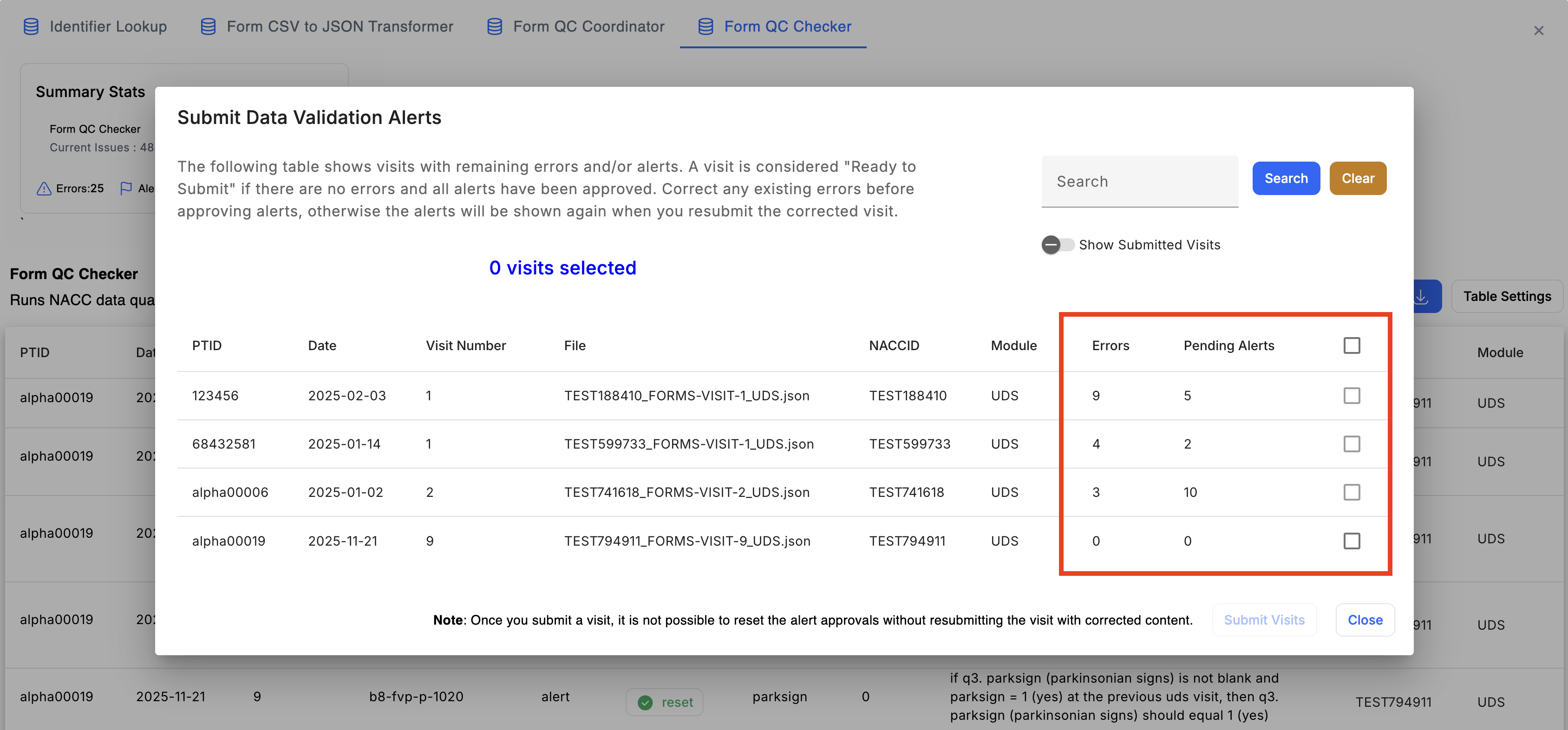 Alt text: Image of the "Submit Data Validation Alerts" dialog with the remaining errors and alerts columns highlighted