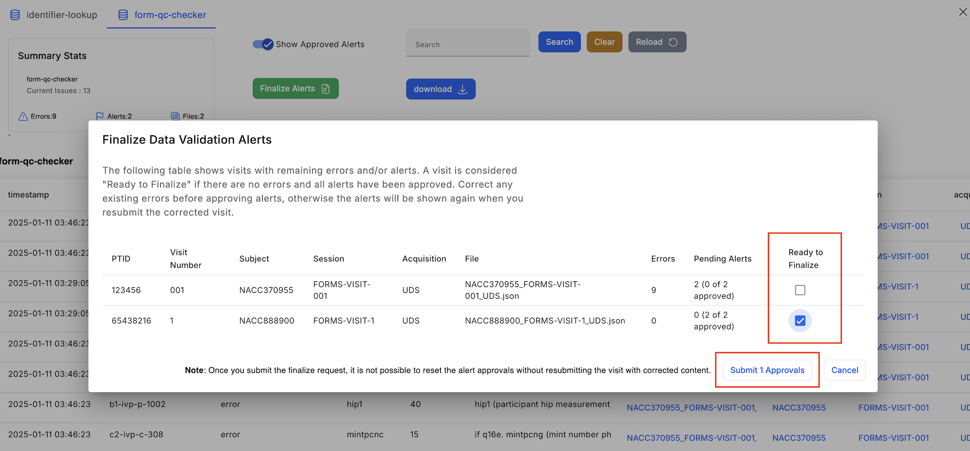 Alt text: Image of the &quot;Finalize Data Validation Alerts&quot; dialog with a visit selected as &quot;Ready to Finalize&quot;