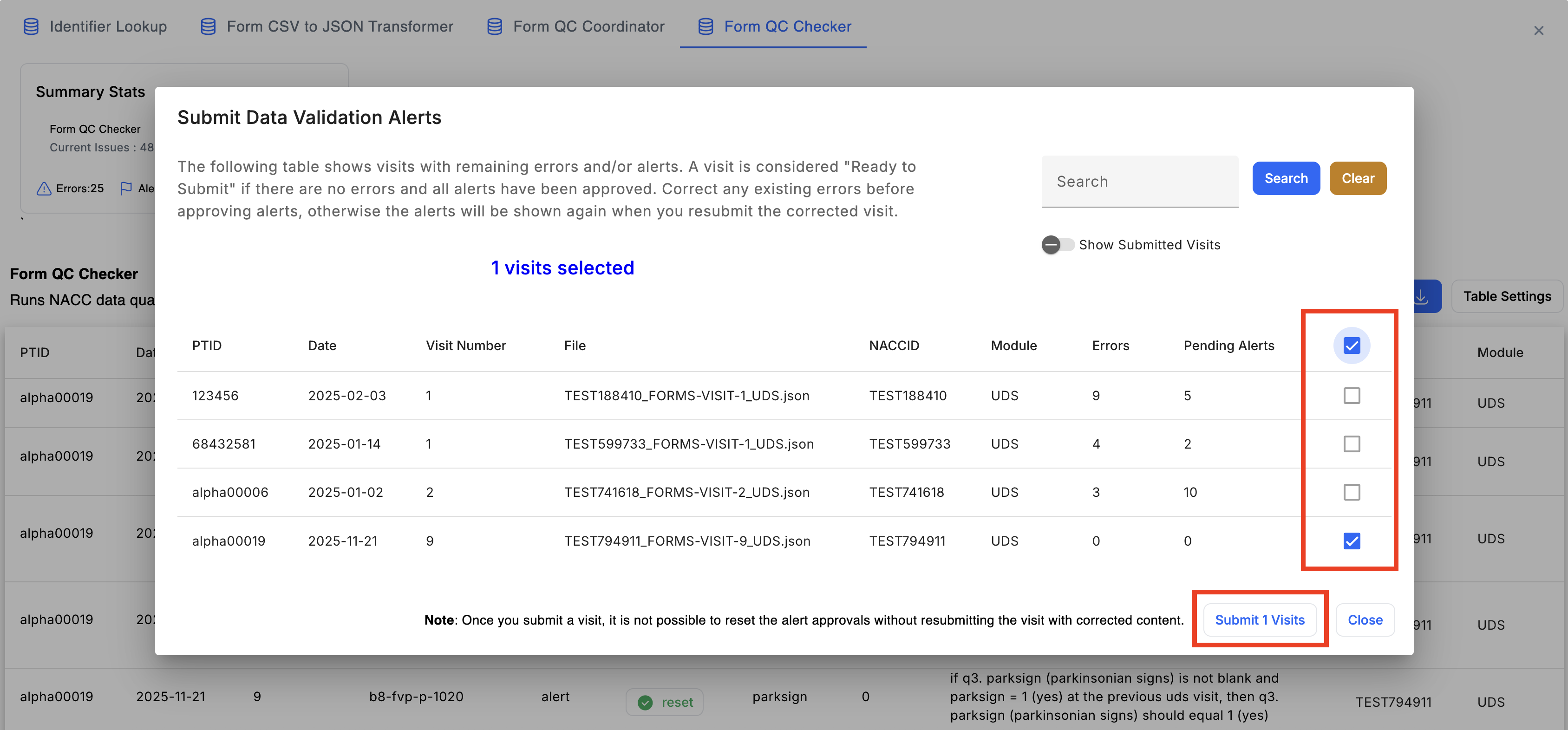 Alt text: Image of the "Submit Data Validation Alerts" dialog with a visit selected