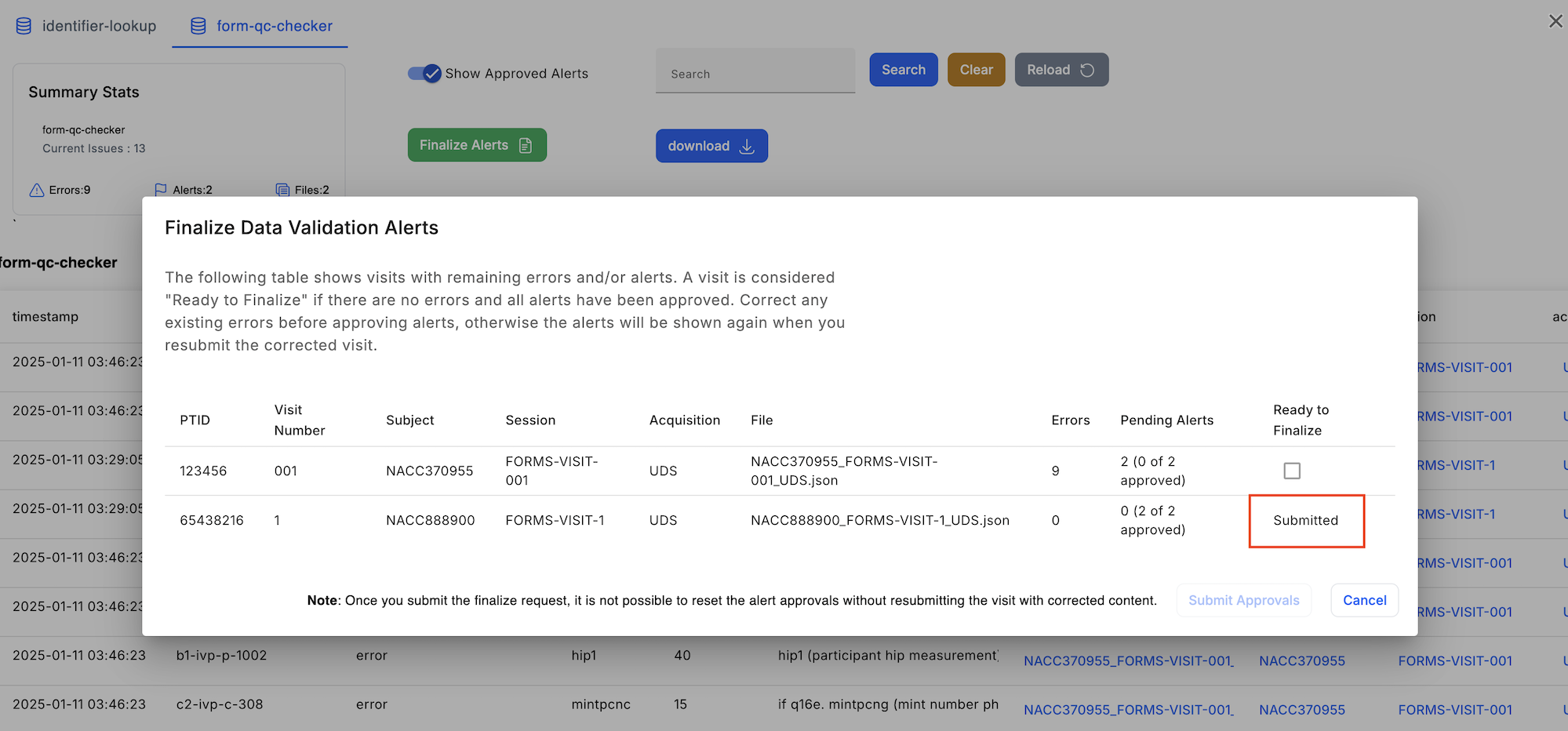 Alt text: Image of the &quot;Finalize Data Validation Alerts&quot; dialog with a finalized visit highlighted