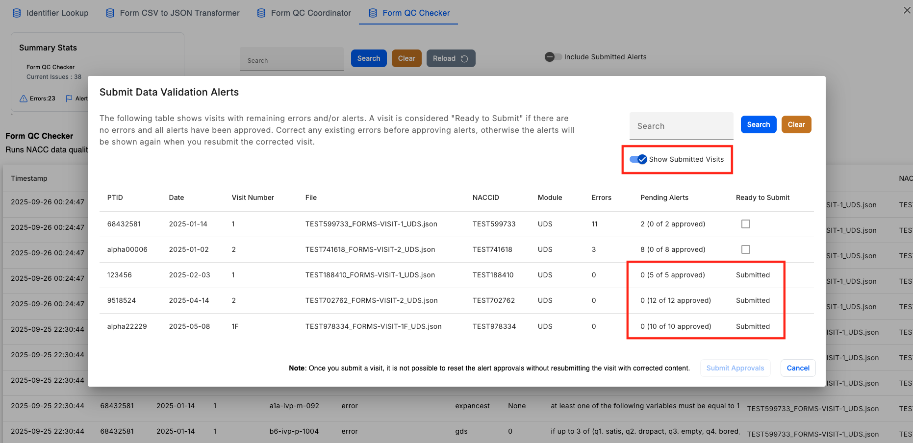 Alt text: Image of the &quot;Submit Data Validation Alerts&quot; dialog with a submitted visit highlighted