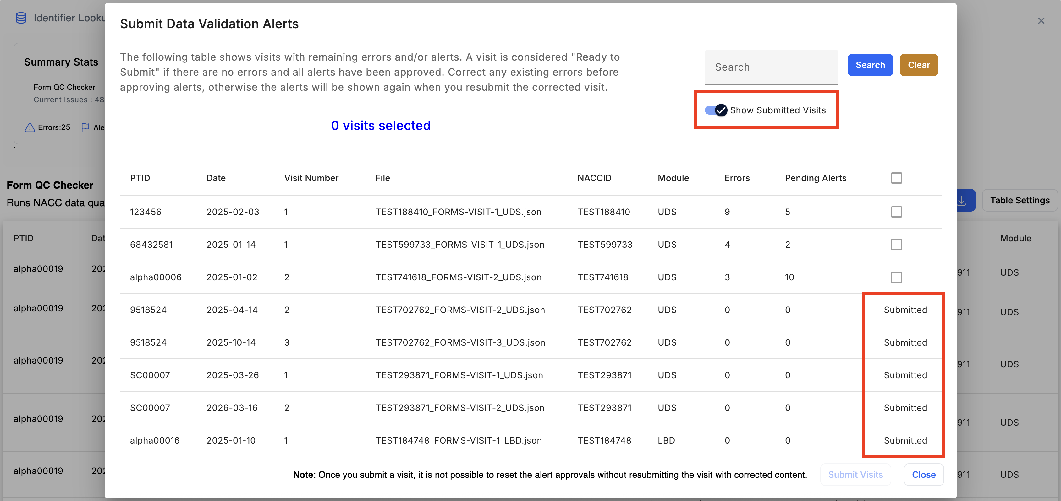 Alt text: Image of the "Submit Data Validation Alerts" dialog with a submitted visit highlighted