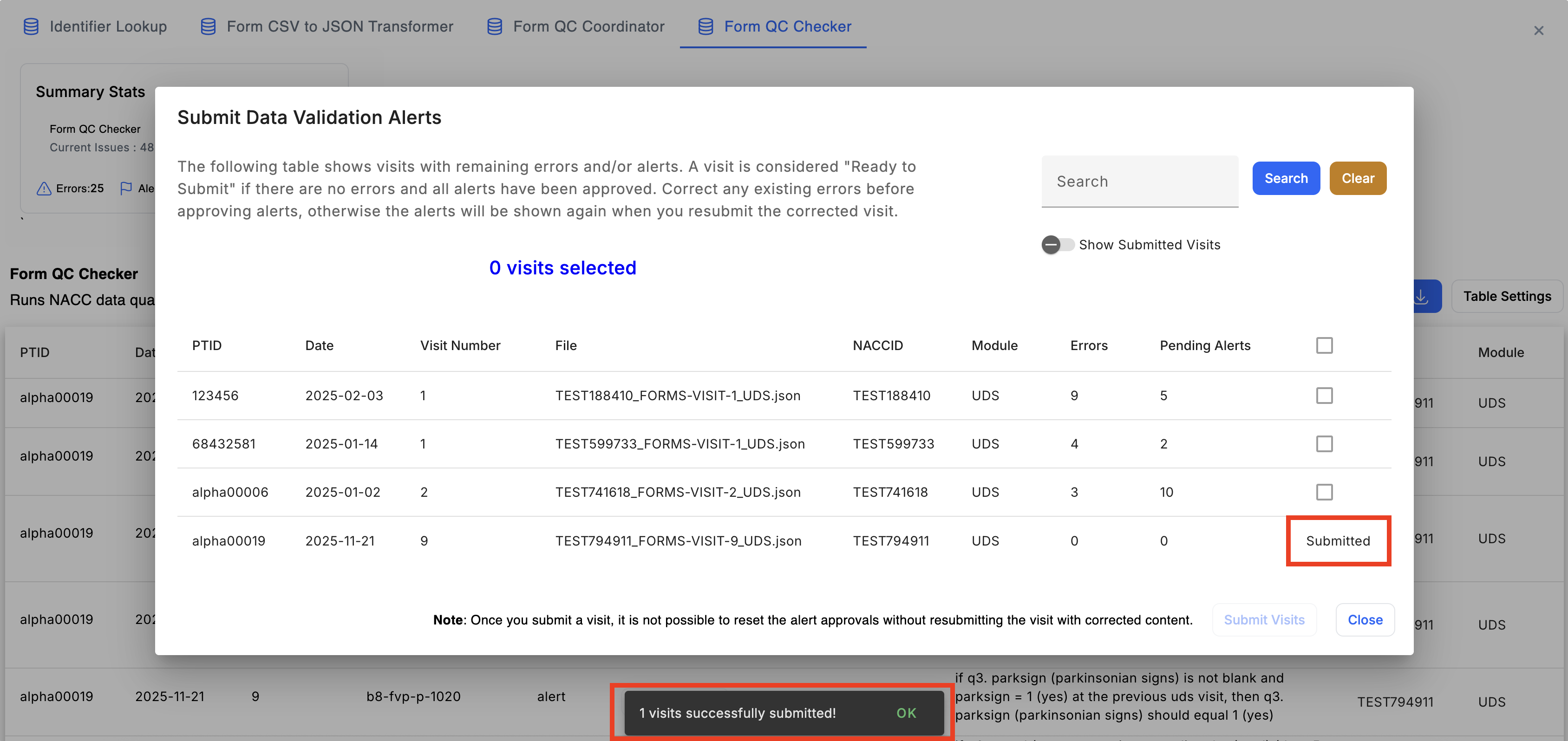 Alt text: Image of the "Submit Data Validation Alerts" dialog with a successful submission