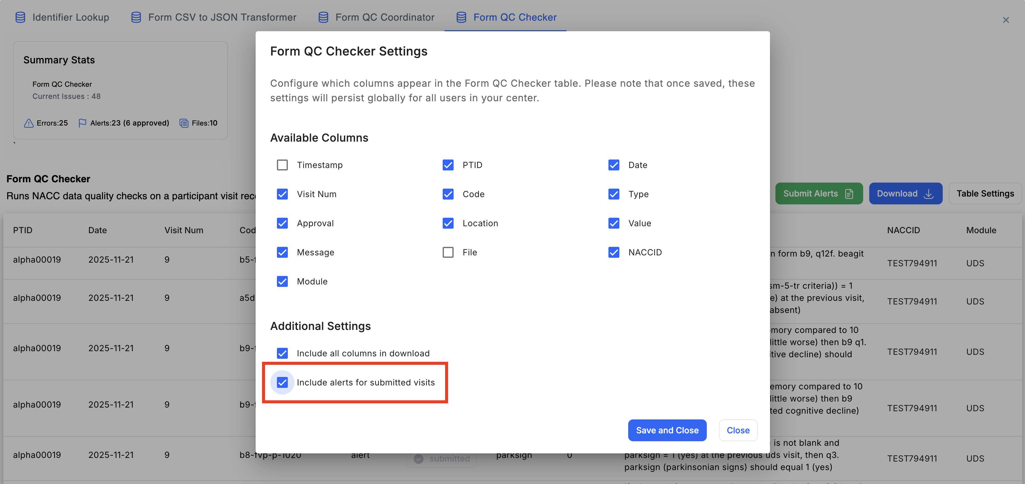 Alt text: Image of the Issue Manager with Table Settings -> Include alerts for submitted visits highlighted