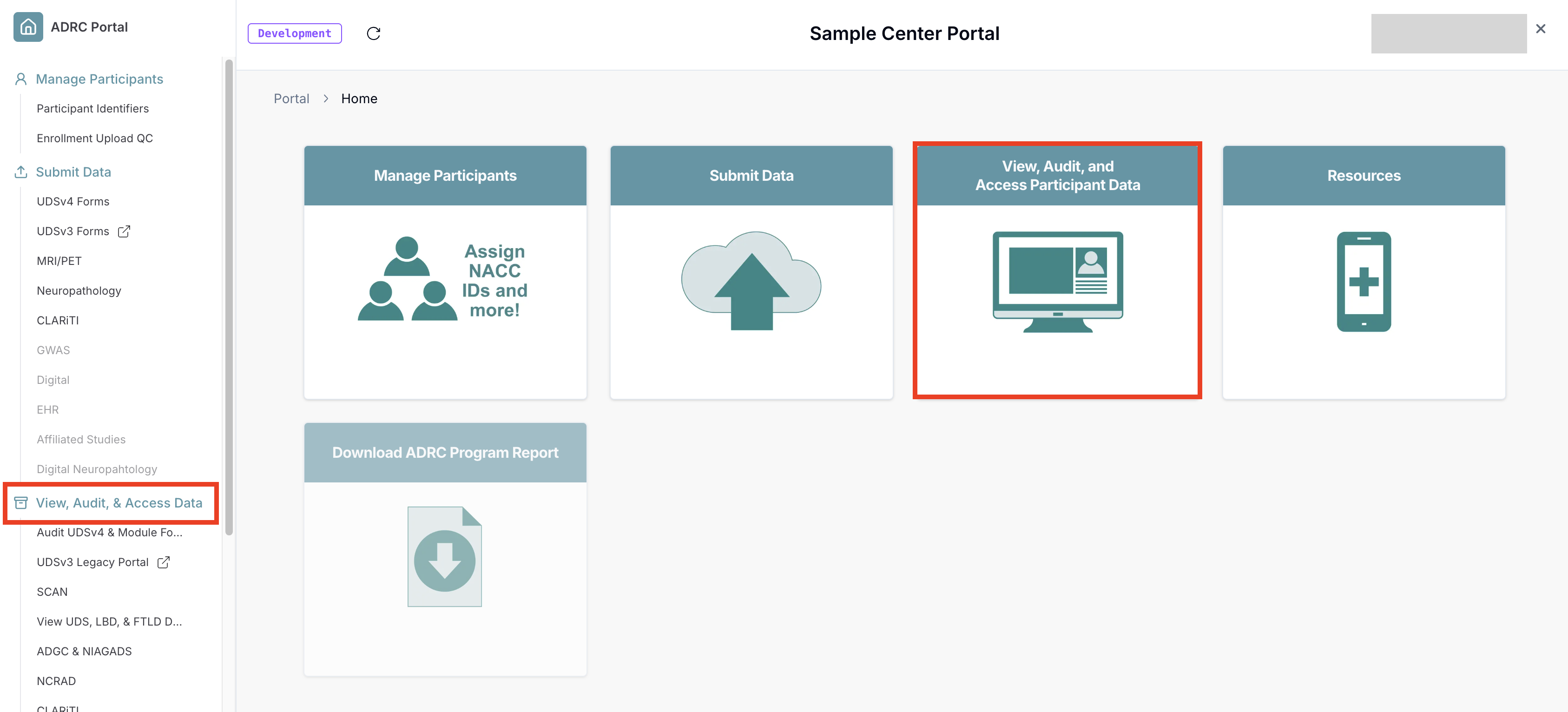 Alt text: Image of ADRC Portal Landing page with the "View, Audit, and Access Participant Data" button outlined