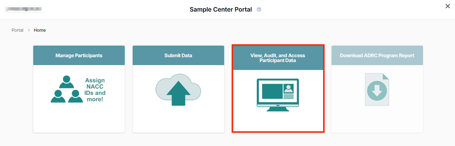 Alt text: Image of ADRC Portal Landing page with the &quot;View, Audit, and Access Participant Data&quot; button outlined