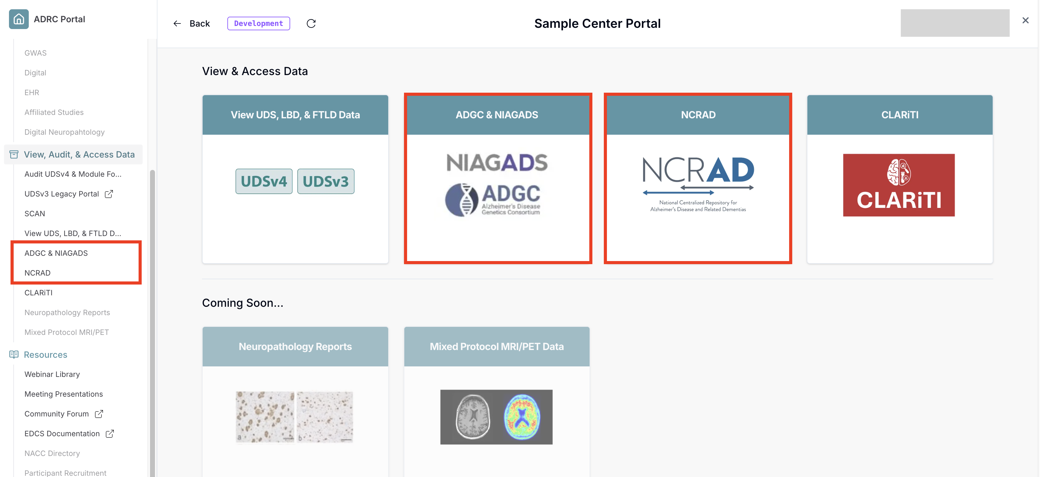 Alt text: Image of the ADRC Portal "View, Audit, and Access Participant Data" landing page with the ADGC &amp; NIAGADS and "NCRAD" cards outlined