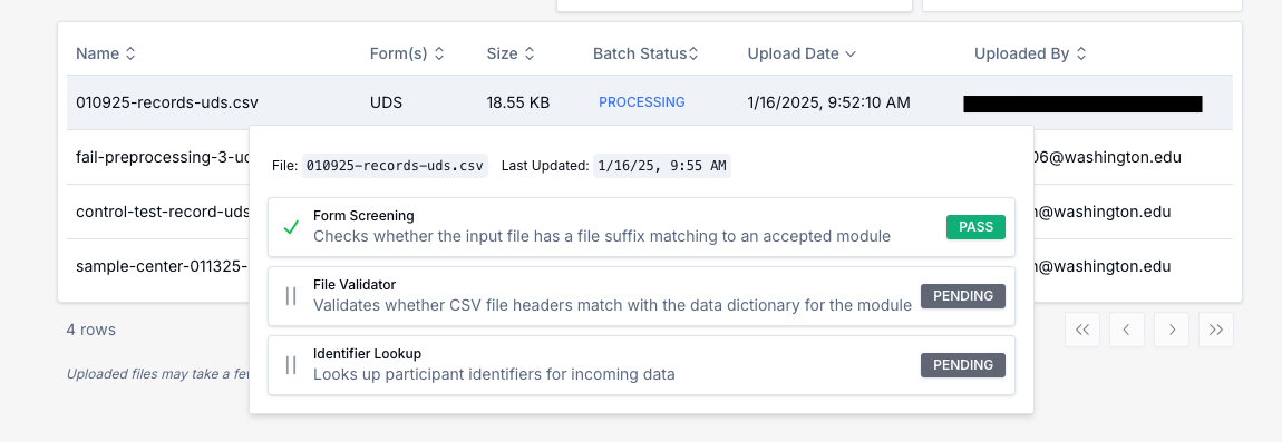 Image of the QC status pop-up dialog for batch CSV file currently being processed