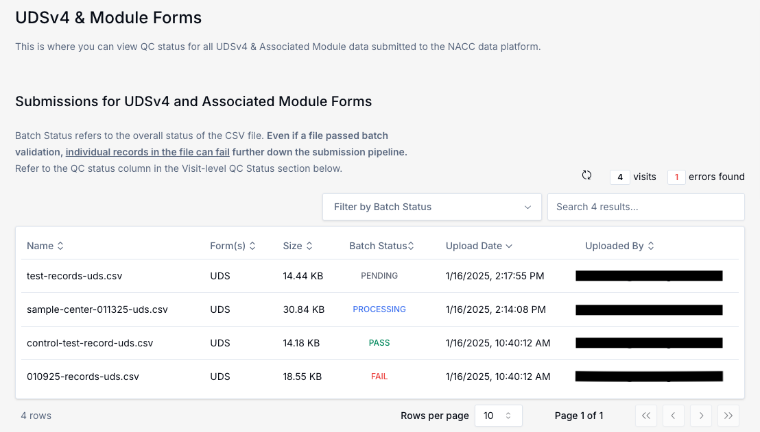 Image of the batch level QC status table in submission status page