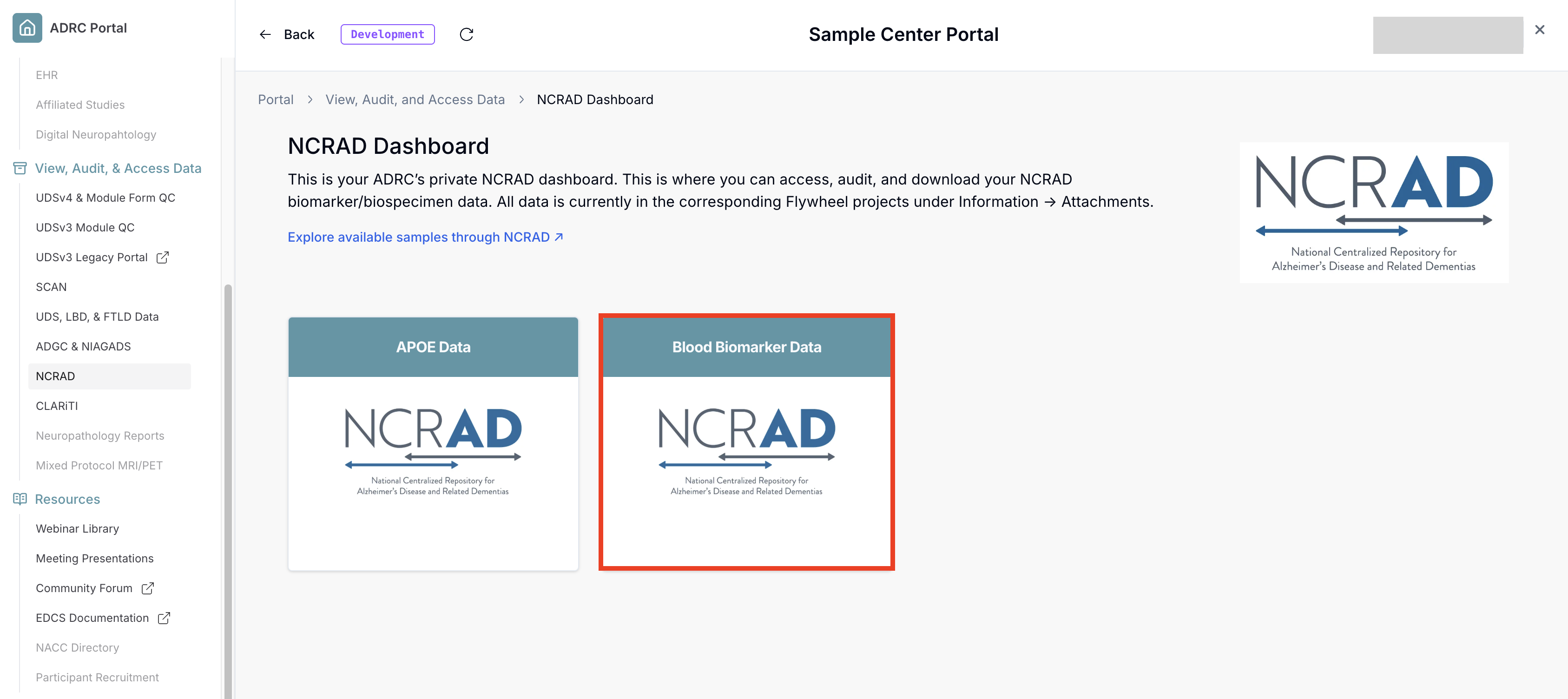 Alt text: Image of the ADRC Portal NCRAD dashboard with the Blood Biomarker card outlined