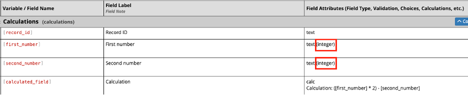 The Codebook page with a red box around &quot;(integer)&quot;, which
indicates the field is validated for integer.