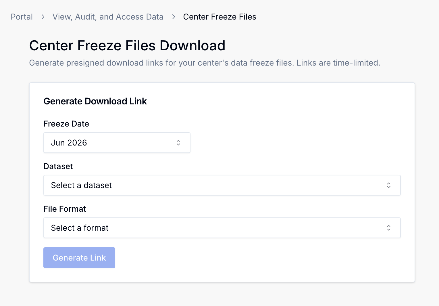 Alt text: Center Freeze Data page with the latest freeze automatically selected.