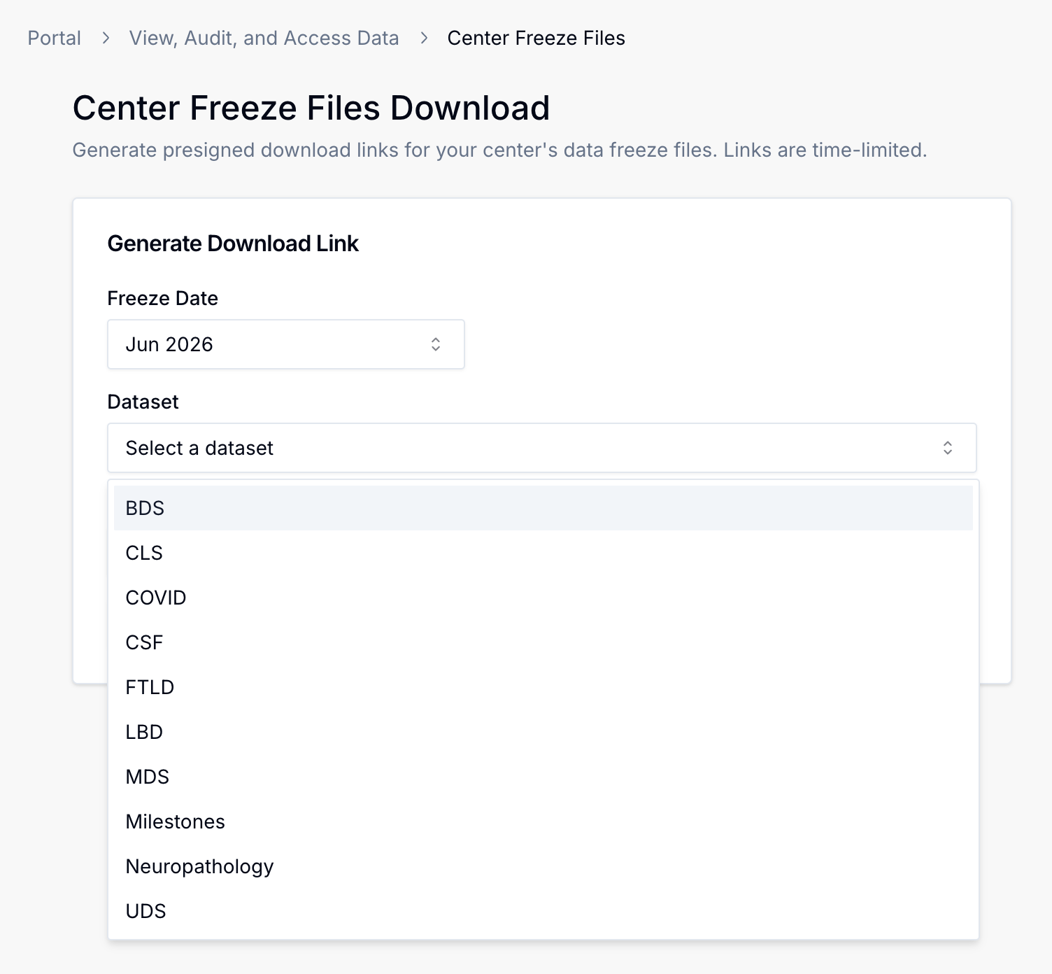Alt text: Center Freeze Data page showing all possible dataset modules.