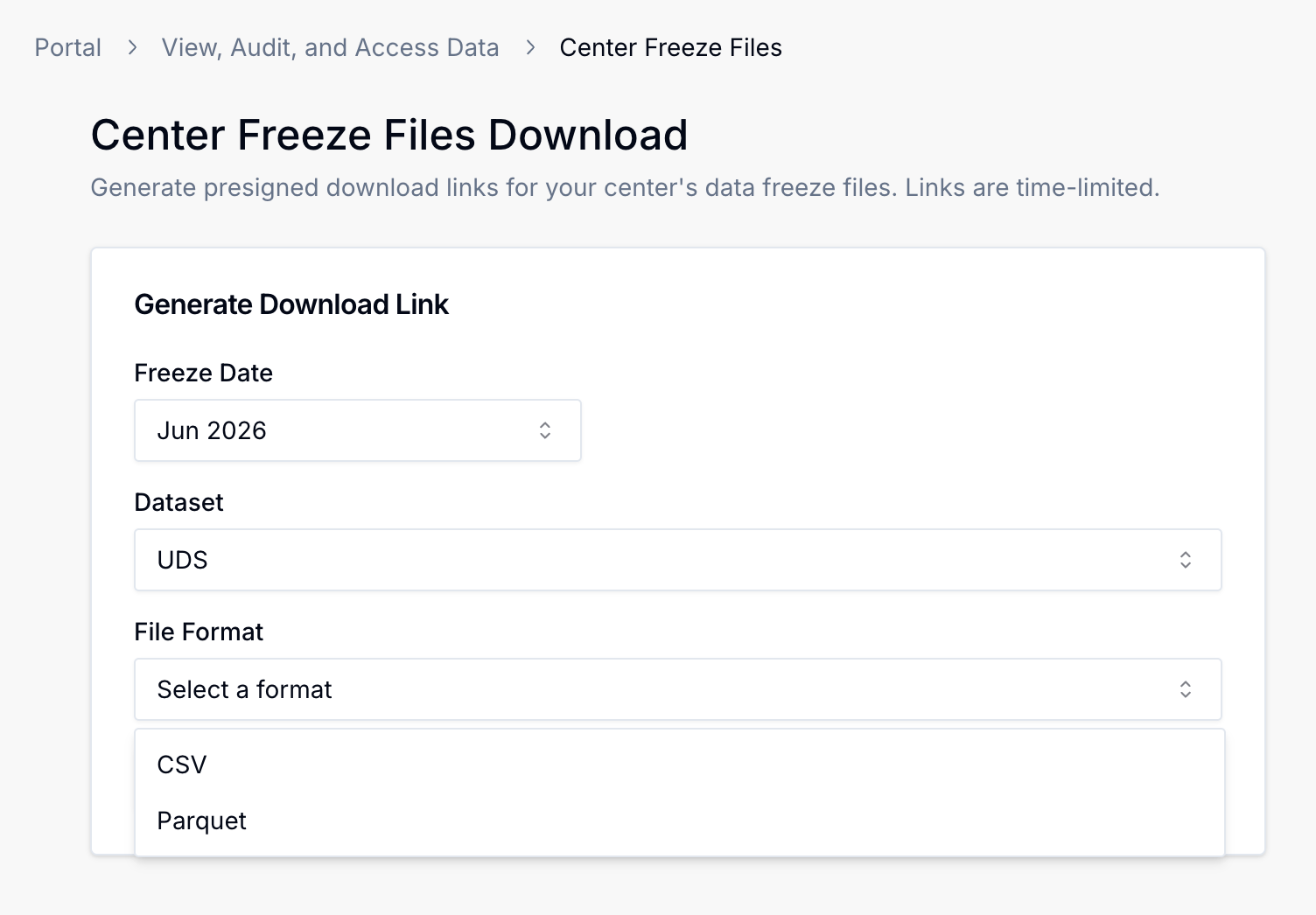 Alt text: Center Freeze Data page showing all available file formats.