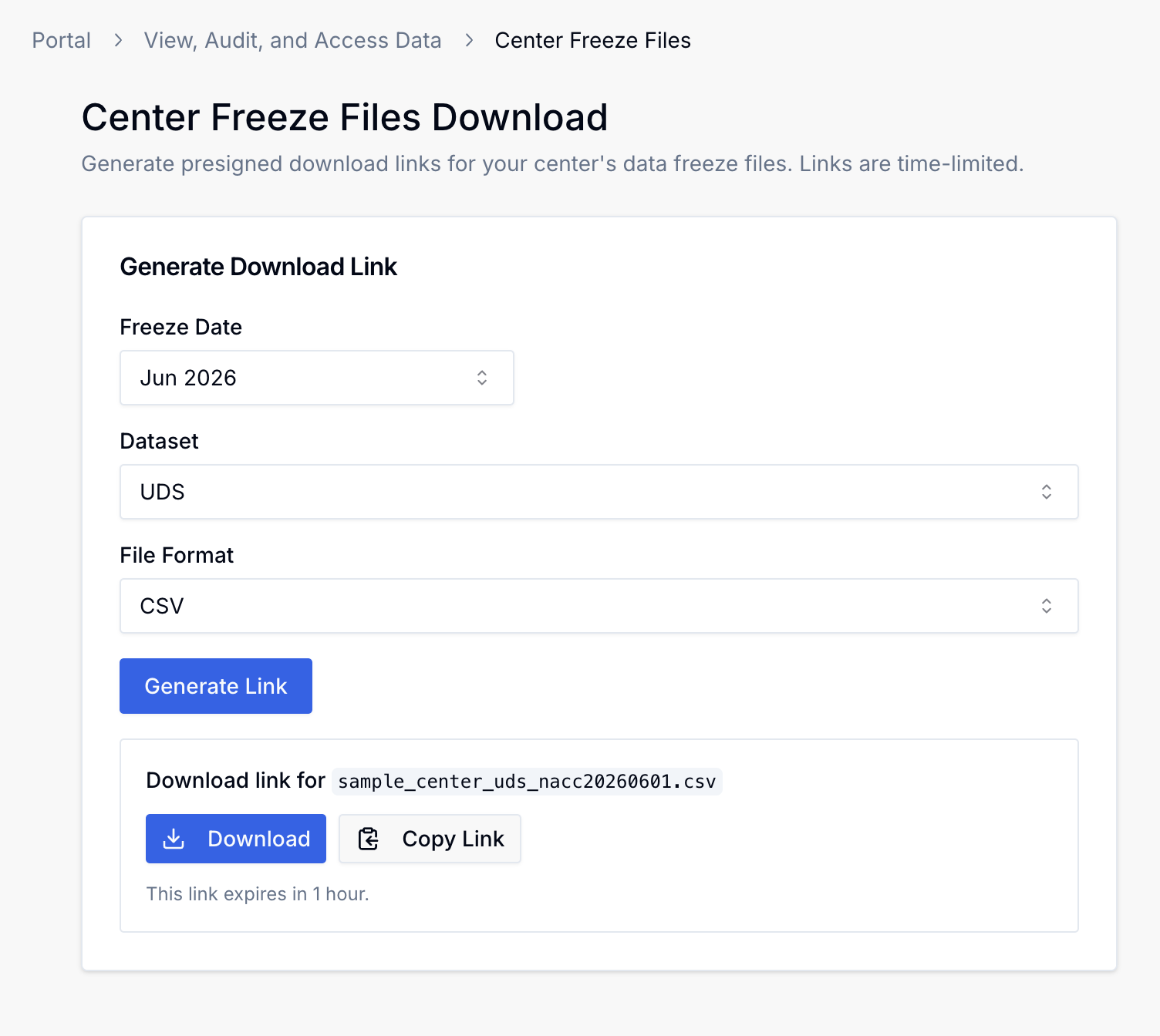 Alt text: Center Freeze Data page showing a generated download link.