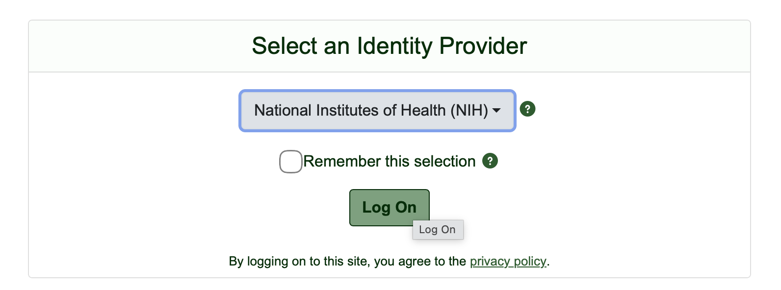 Identity provider selected and ready to log on