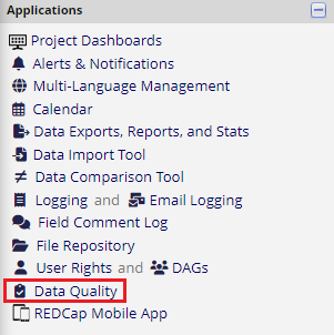 Applications section of the of left-hand navigation bar on the
REDCap Project Home page with a red box around the &#39;Data Quality&#39;
option.