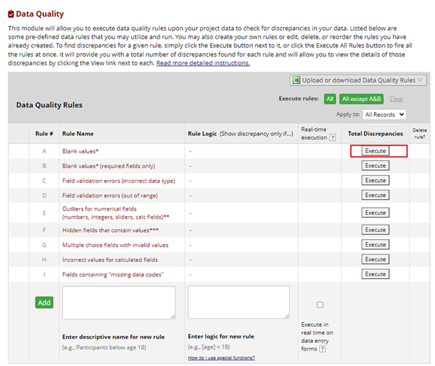 Data Quality page that contains a table with Rule Numbers
from A-I, Rule Name, Rule Logic, Real Time Execution, Total
Discrepancies and Delete Rule? as the columns. A red box is around the
Excute button in the Total Discrepancies column.