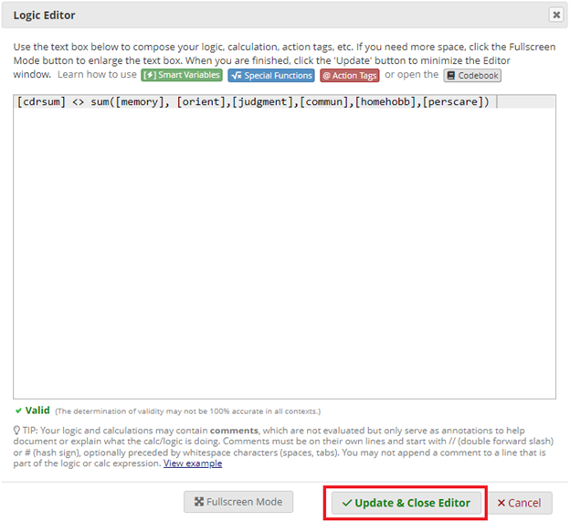 Logic editor pop-up that contains the logic for the data
quality rule in REDCap format, with a red box around the Update &amp; Close
Editor button on the bottom right.