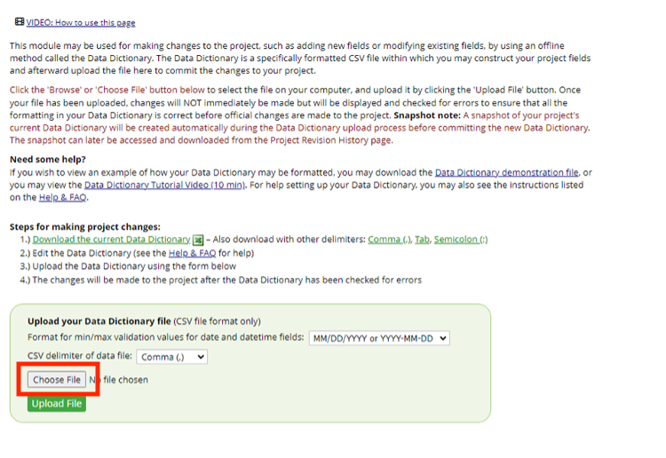 data dictionary module landing page with choose file
button in a red rectangle