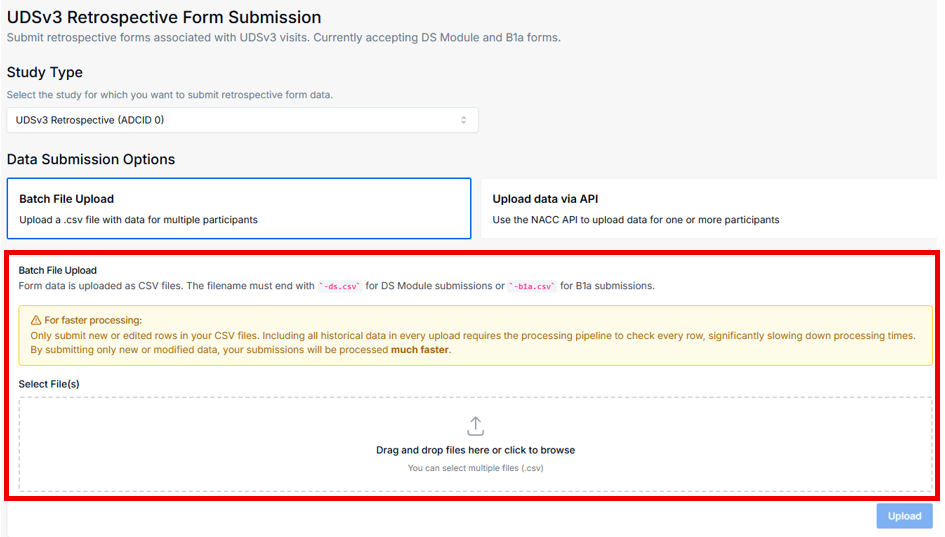 Alt text: DS module submission page showing drag-and-drop file upload area.