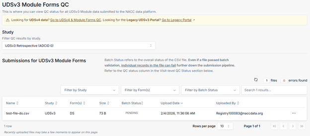 Alt text: Redirect to the UDSv3 Module Forms QC page after upload.