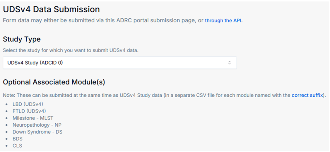 Alt text: UDSv4 Data Submission showing available modules including Down Syndrome - DS.