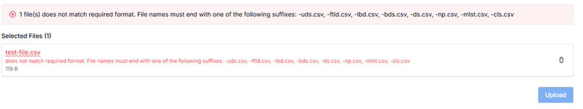 Alt text: Upload blocked error indicating the filename must end with -ds.csv.
