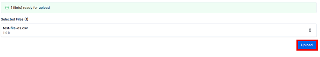 Alt text: Upload button with a file listed as ready for upload.