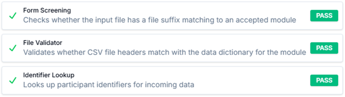 Alt text: Batch Status details showing Form Screening, File Validator, and Identifier Lookup.
