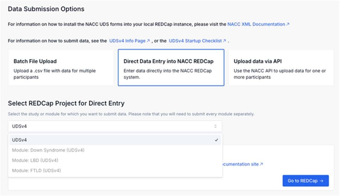 Alt text: Direct Data Entry into NACC REDCap option selected with Go to REDCap button.