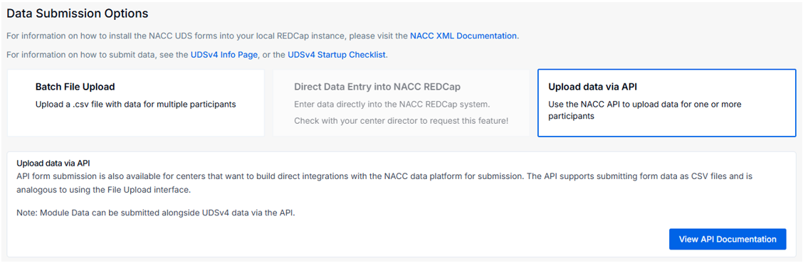 Alt text: Upload data via API section.