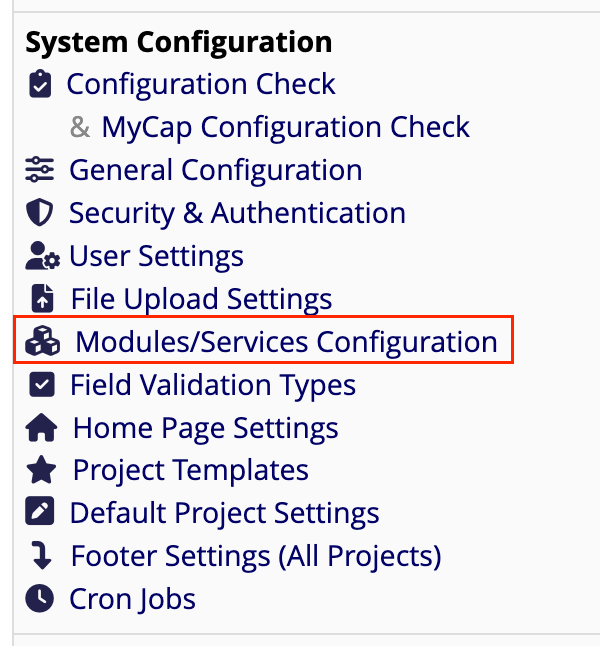 System Configuration navigation bar with a red box around Modules/Services Configuration.