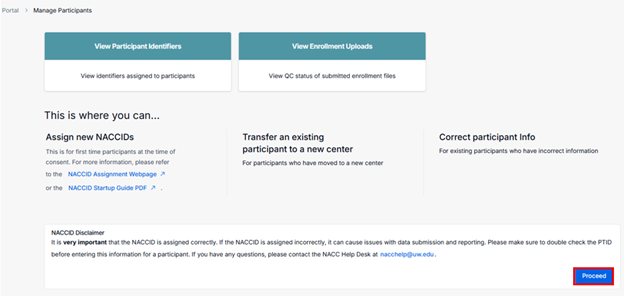 Alt text: NACCID disclaimer with “Proceed” button.