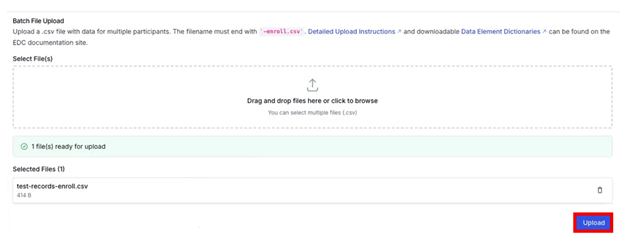 Alt text: Drag-and-drop CSV upload interface for enrollment batch upload.