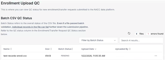 Alt text: Enrollment Upload QC page showing batch CSV QC status list.