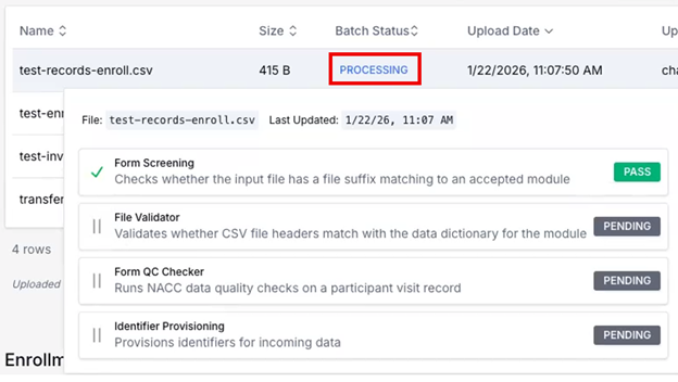 Alt text: Batch status details showing pipeline stages (e.g., Form Screening, FileValidator, QCChecker, IdentifierProvisioning).