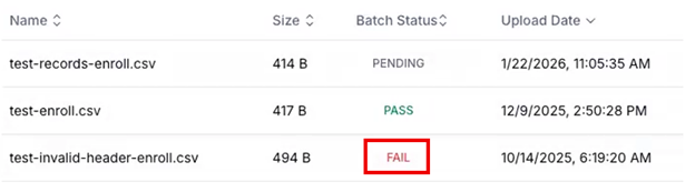 Alt text: Batch CSV QC Status list showing a failed upload.