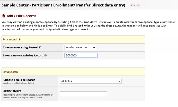 Alt text: REDCap Add/Edit Records page with a new Record ID entered.