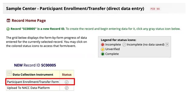 Alt text: REDCap record home page showing the Participant Enrollment/Transfer Form.