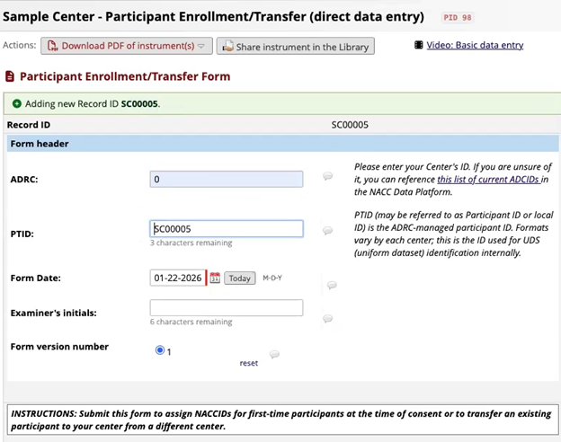 Alt text: REDCap enrollment/transfer form with required fields.