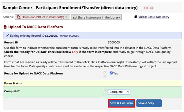 Alt text: REDCap “Upload to NACC Data Platform” form with Ready set to Yes and status Complete.