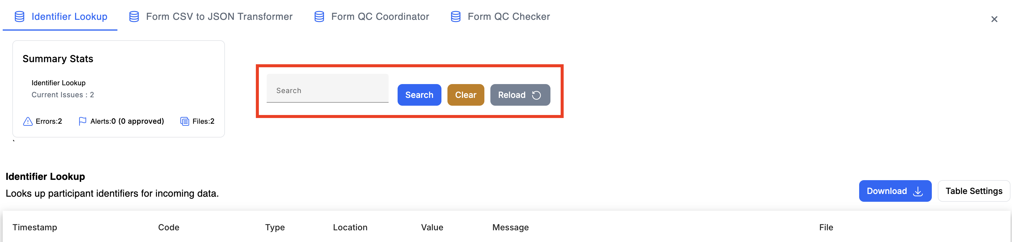 Error report search and filter controls