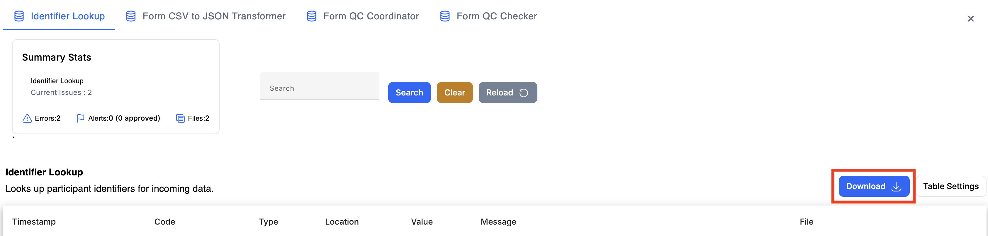 Download CSV button for exporting the error report