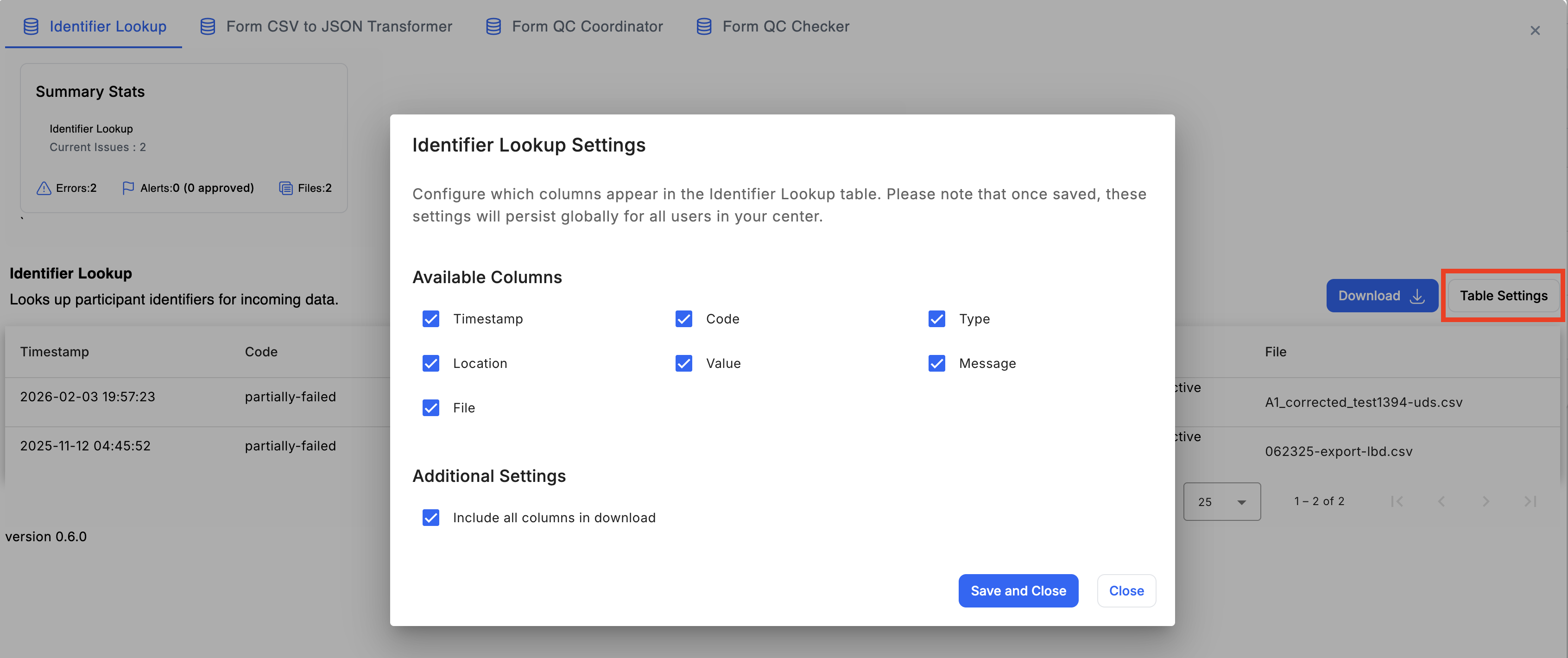 Download CSV button for exporting the error report