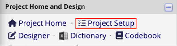 Project Home and Design section of left-hand navigation bar with a red box around the Project Setup option.